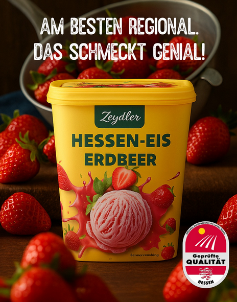 Zeydler Hessen-Eis Erdbeer im gelben Becher mit Geprüfte Qualität Hessen-Siegel, umgeben von frischen Erdbeeren
