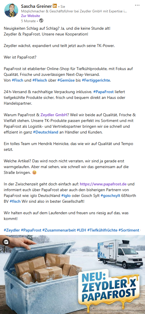 Zeydler × PapaFrost: Truhe mit Eispaketen und Papafrost-Kühl-LKW im Schnee